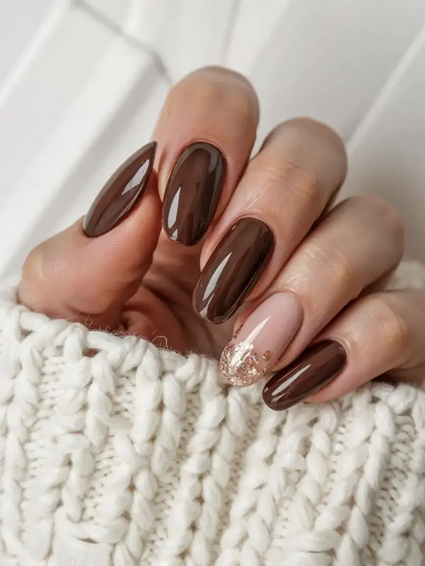 fall gel nails designs 2025 Bittersweet Cocoa & Glitter Accent