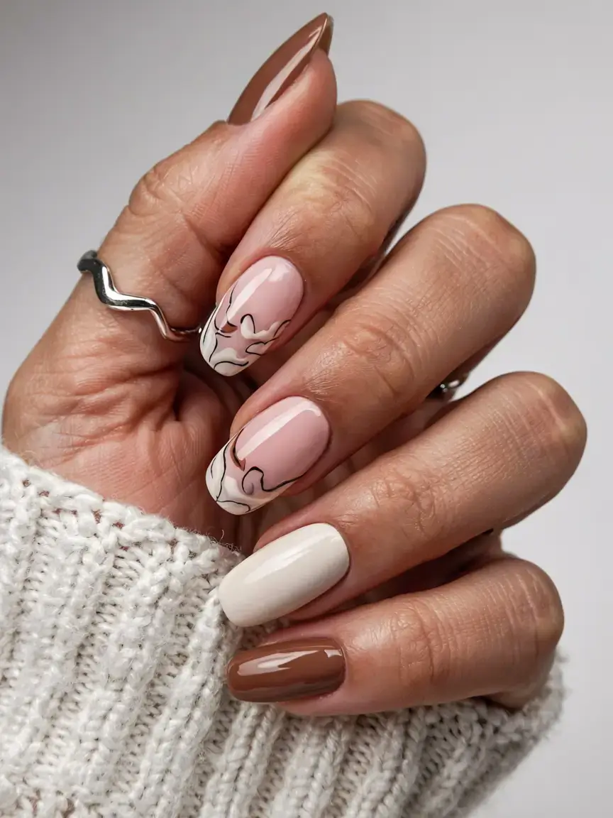 fall gel nails designs 2025 Negative Space + Mocha Swirl