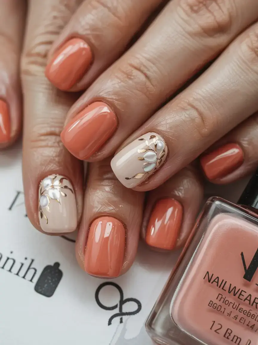 fall gel nails designs 2025 Burnt Coral Meets Embellished Beige