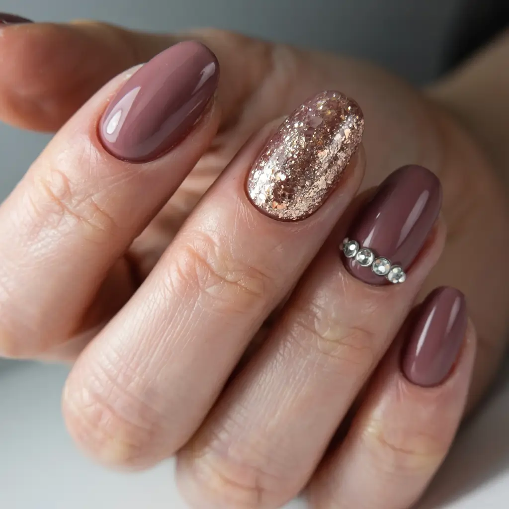 fall glitter nails 2025 Rosewood Sparkle with Crystal Accents