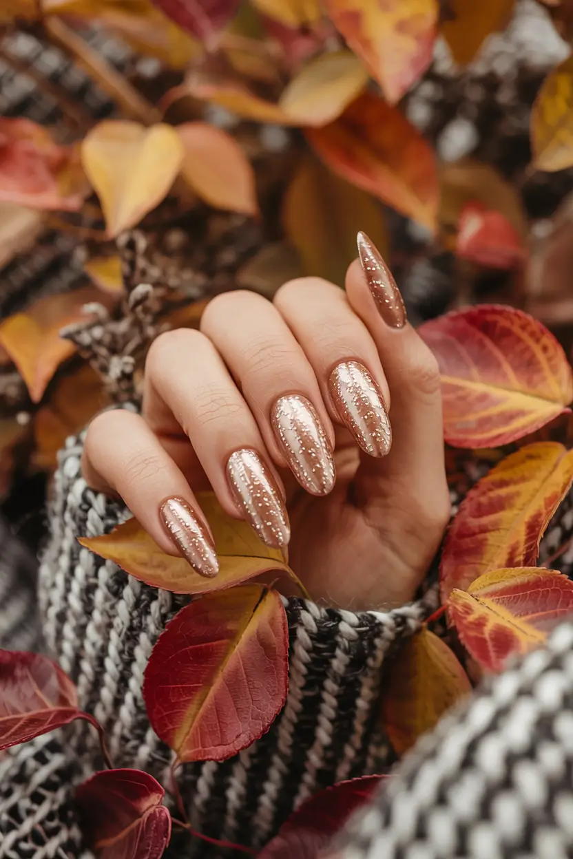 fall glitter nails 2025 Golden Copper Veil