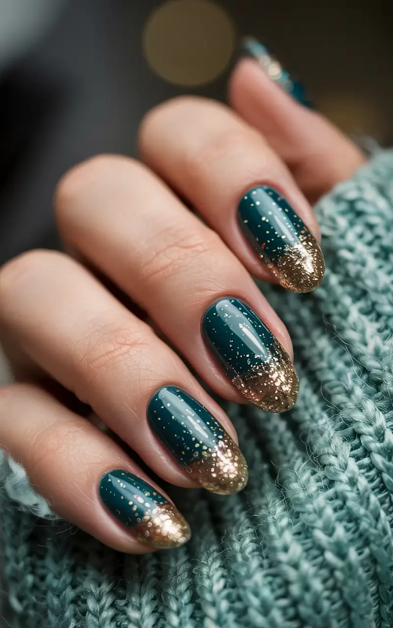 fall glitter nails 2025 Emerald Spark and Gold