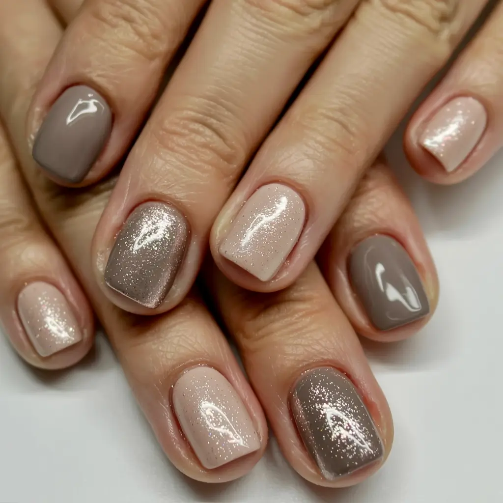 fall glitter nails 2025 Soft Taupe Glow