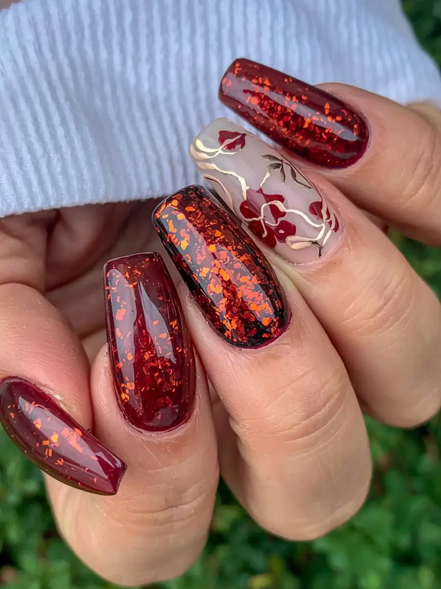 fall glitter nails 2025 Crimson Leaves Drama