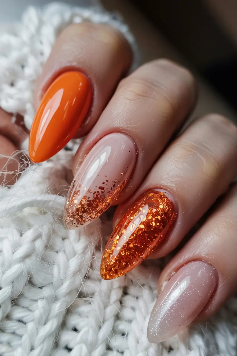 fall glitter nails 2025 Fiery Pumpkin Glow