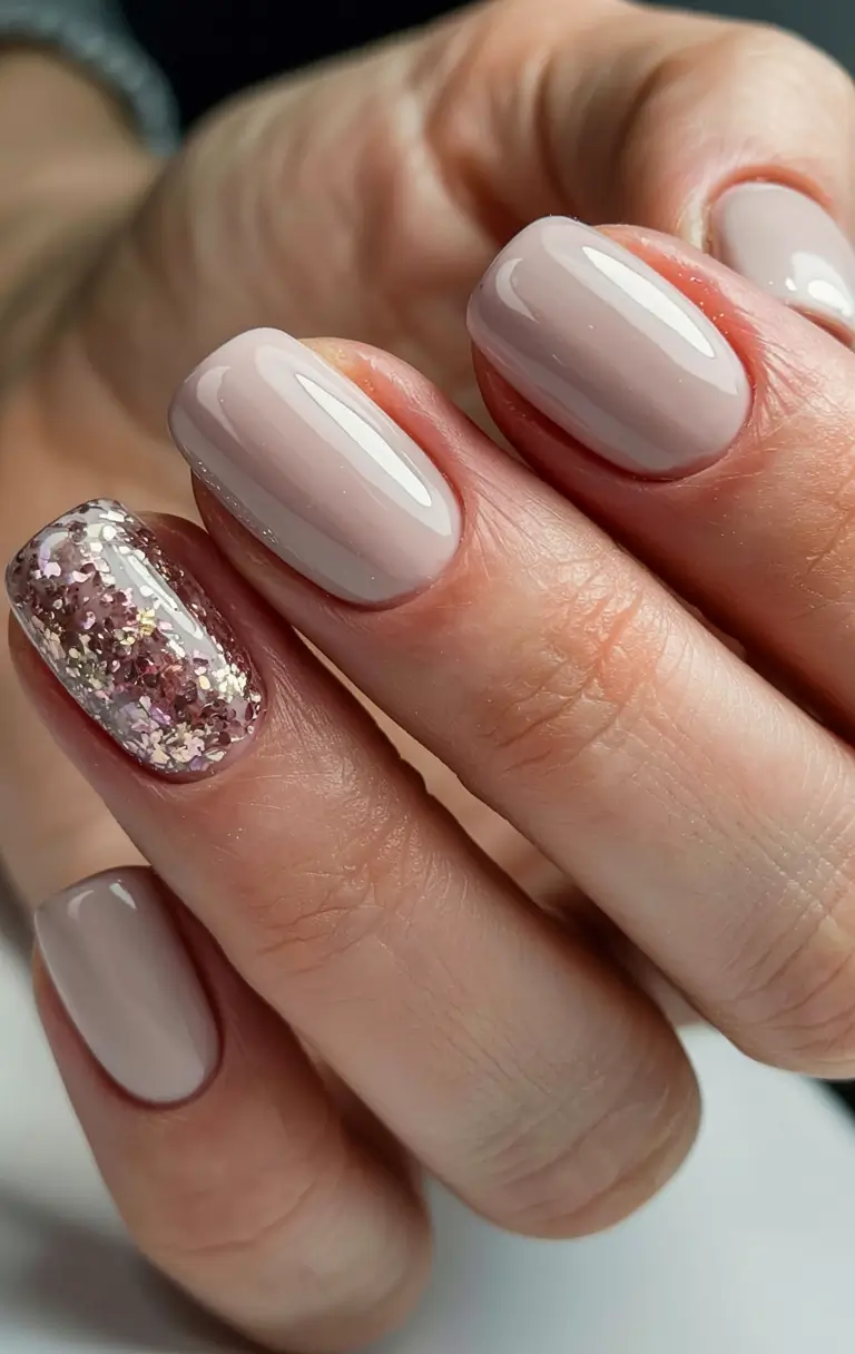 fall glitter nails 2025 Soft Nude with Glitter Accent