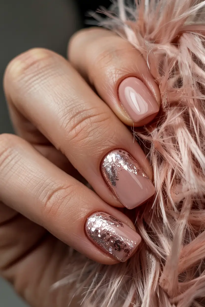 fall glitter nails 2025 Blush Nude with Rose Foil