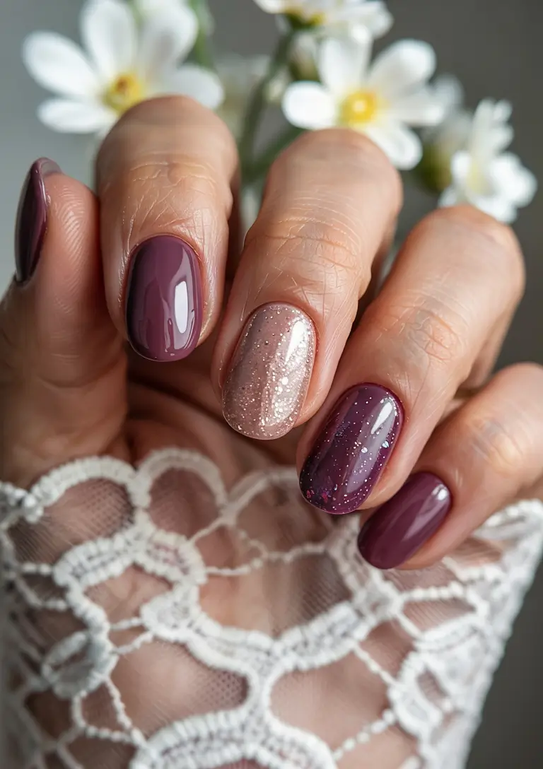 fall glitter nails 2025 Plum and Stardust