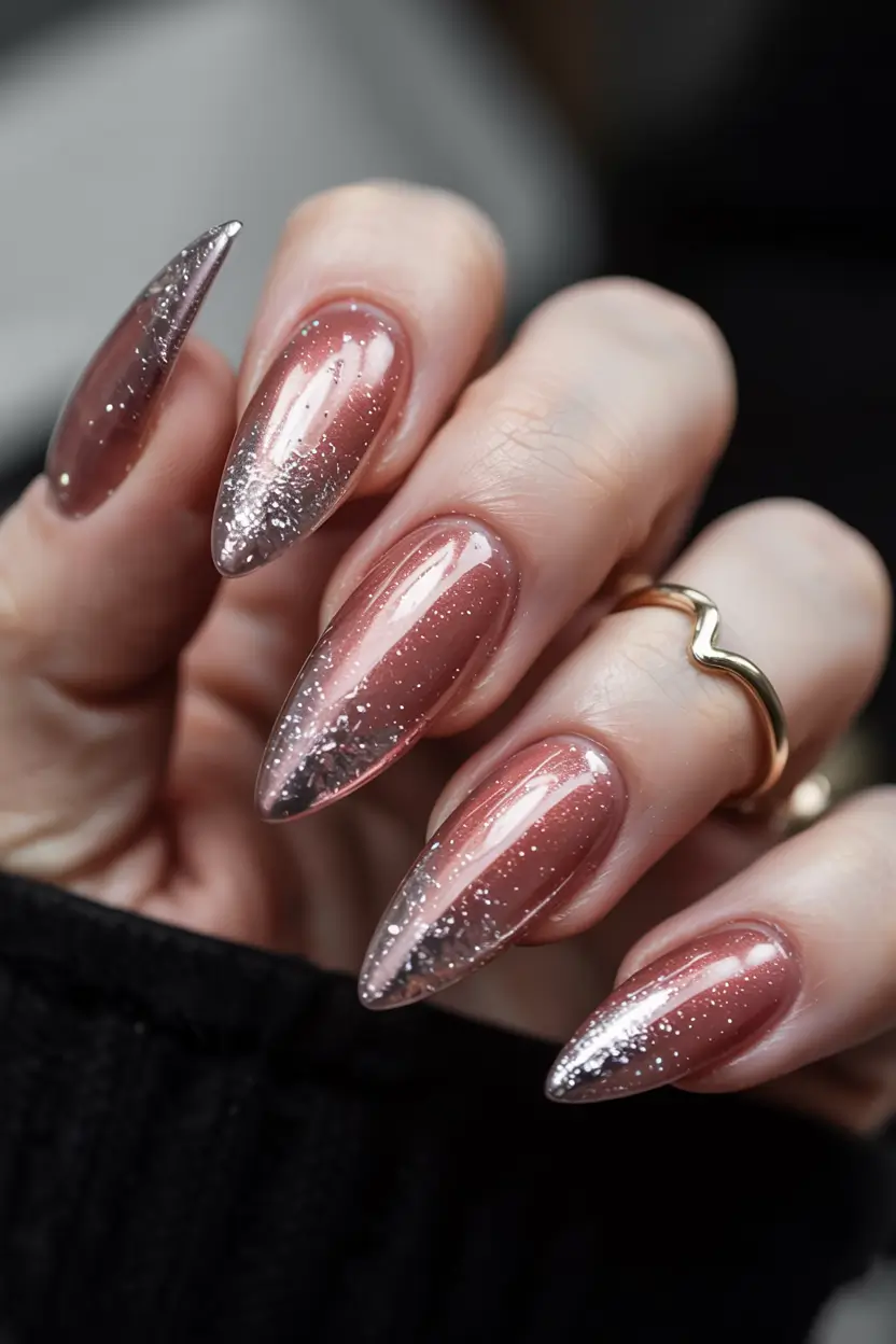 fall glitter nails 2025 Rosewood Fade with Silver Sparkle