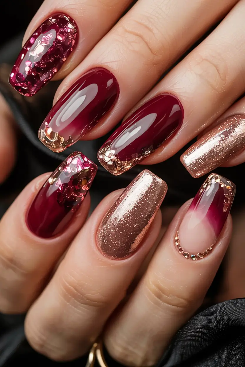fall glitter nails 2025 Cranberry Luxe with Rose Accents