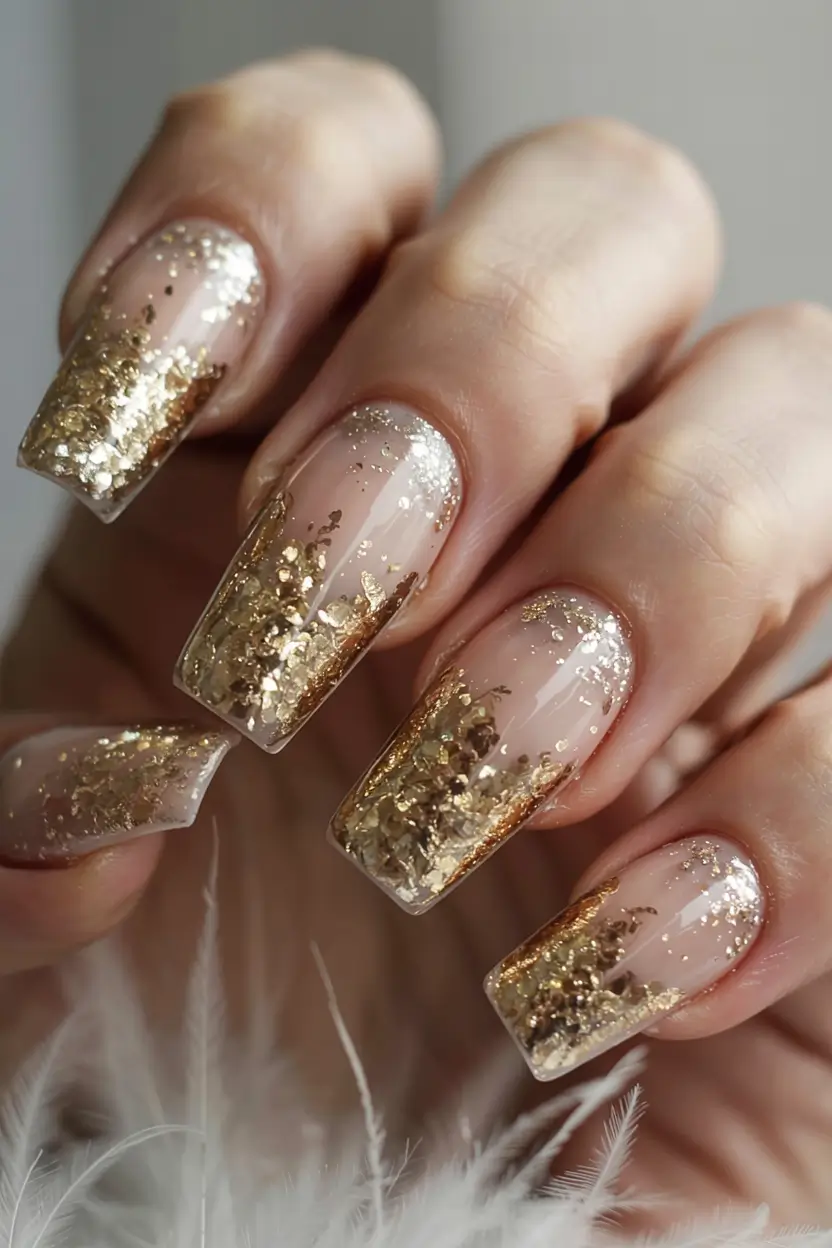 fall glitter nails 2025 Golden Leaf French Revival