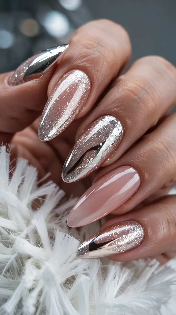 fall glitter nails 2025 Chrome Frost Illusion