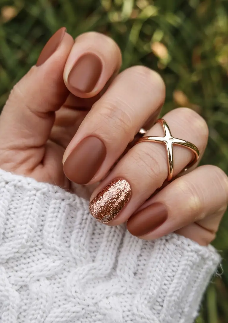 fall glitter nails 2025 Matte Mocha Elegance
