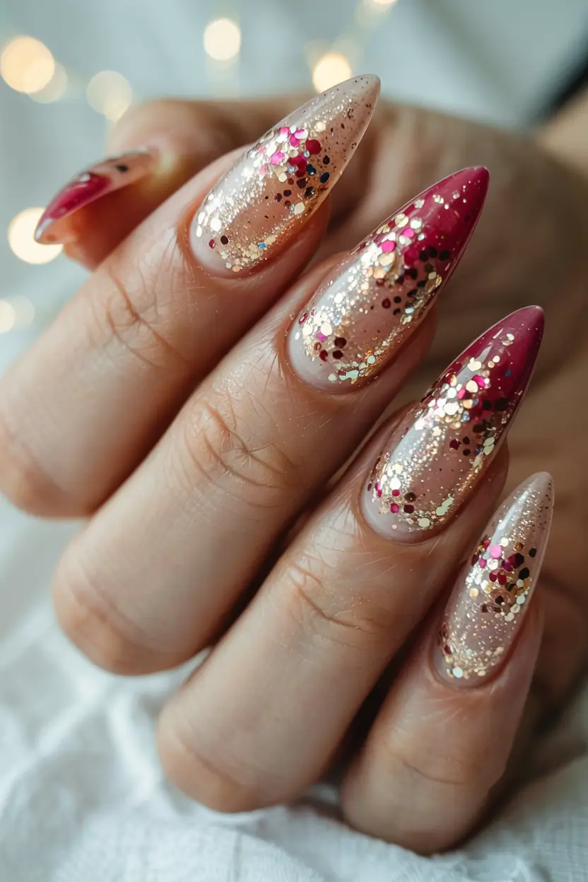 fall glitter nails 2025 Crimson Sparkle Fade