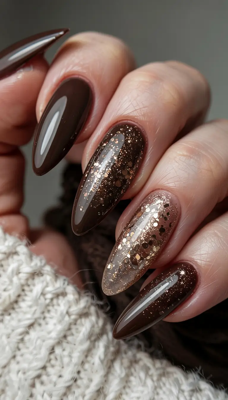 fall glitter nails 2025 Espresso Shine with Golden Flecks