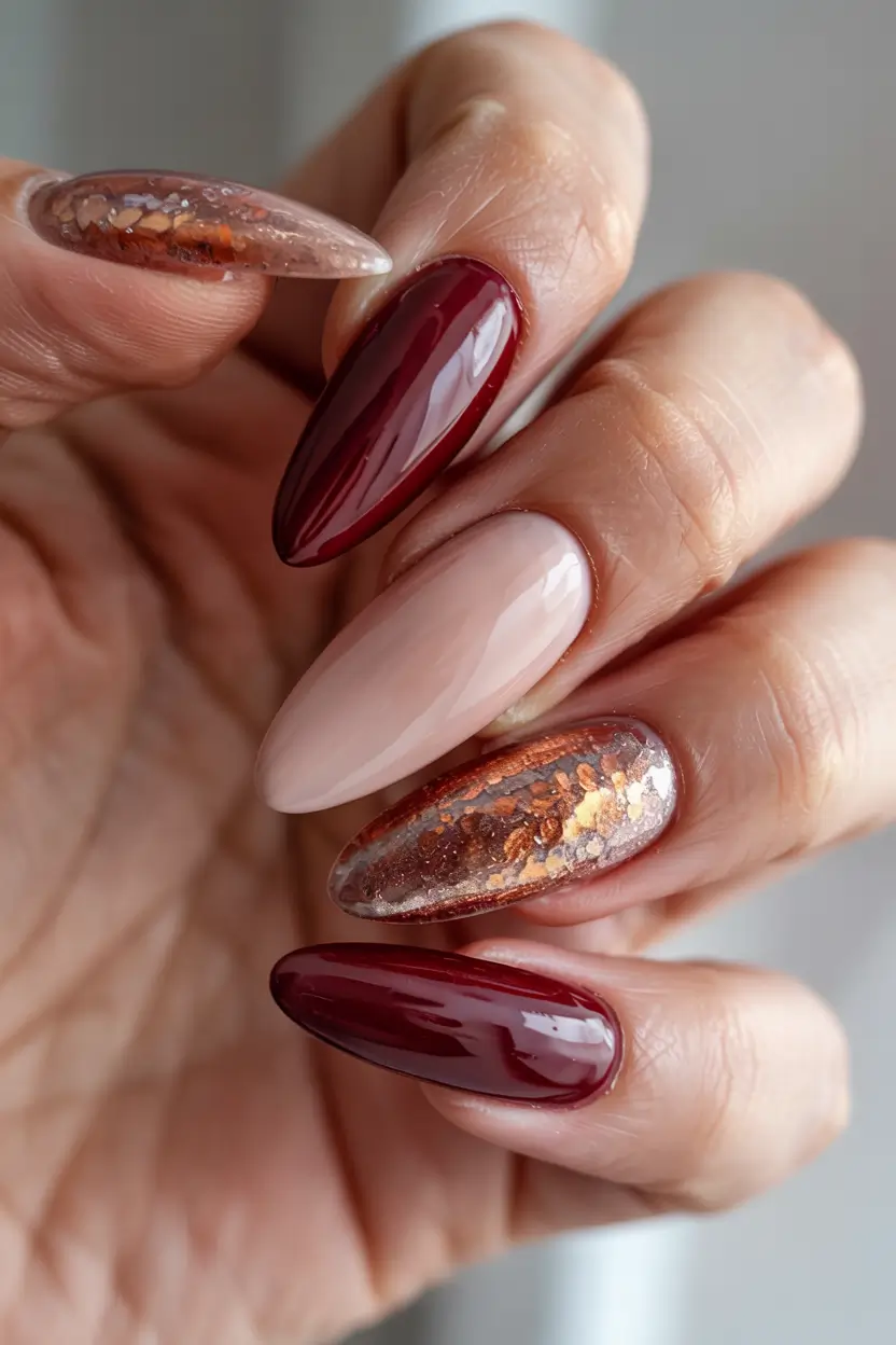 fall glitter nails 2025 Wine and Copper Harmony