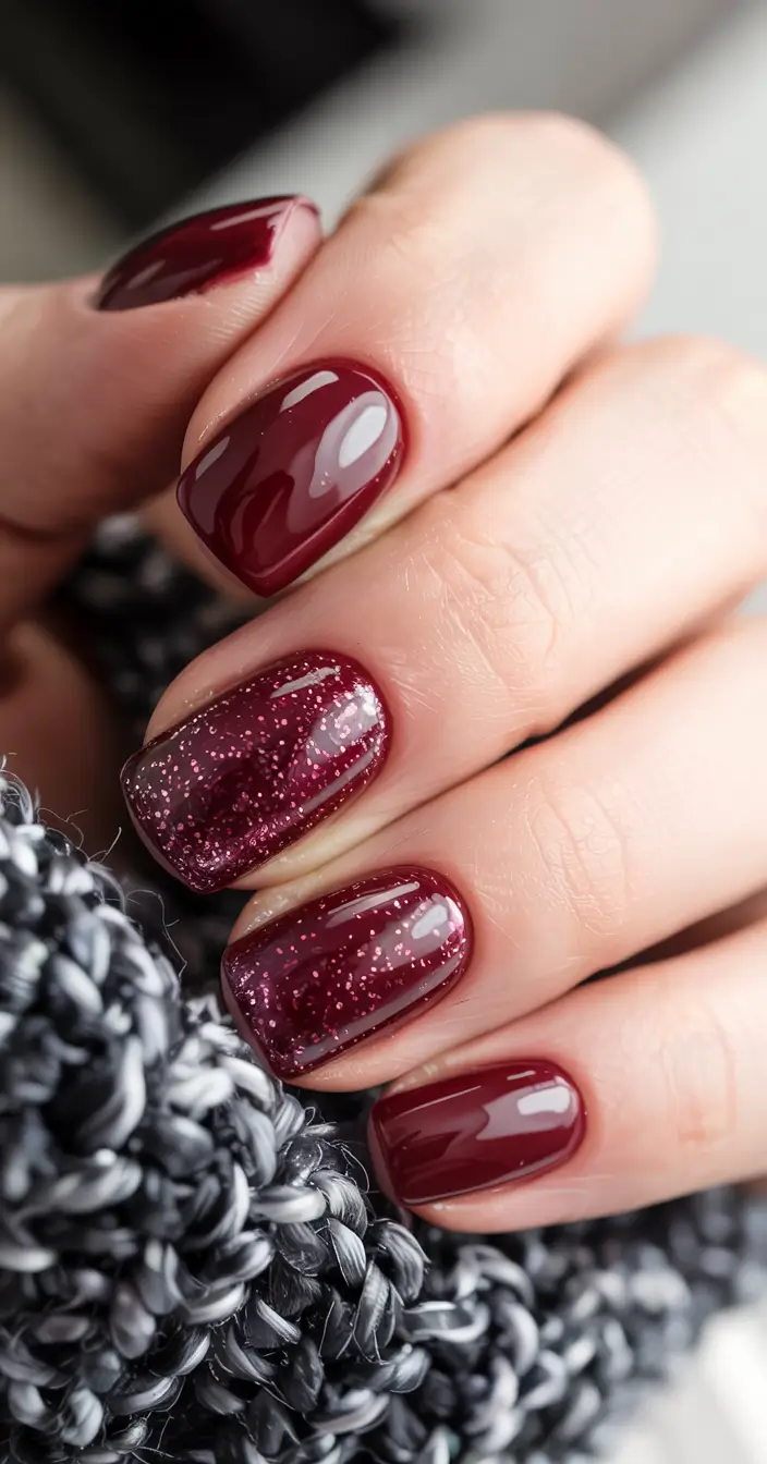 fall glitter nails 2025 Classic Burgundy with Glitter Depth