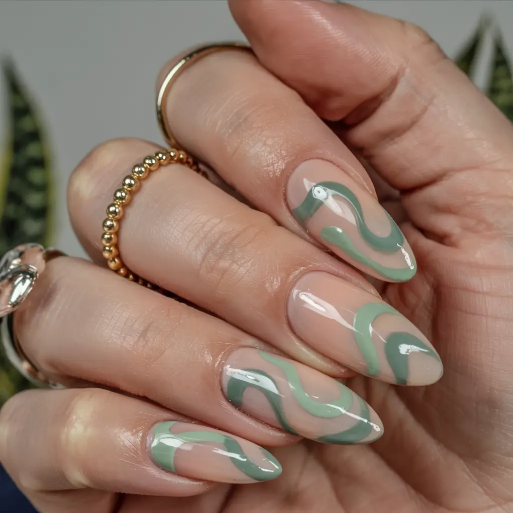 fall green nails 2025 Soft Wave Serenity
