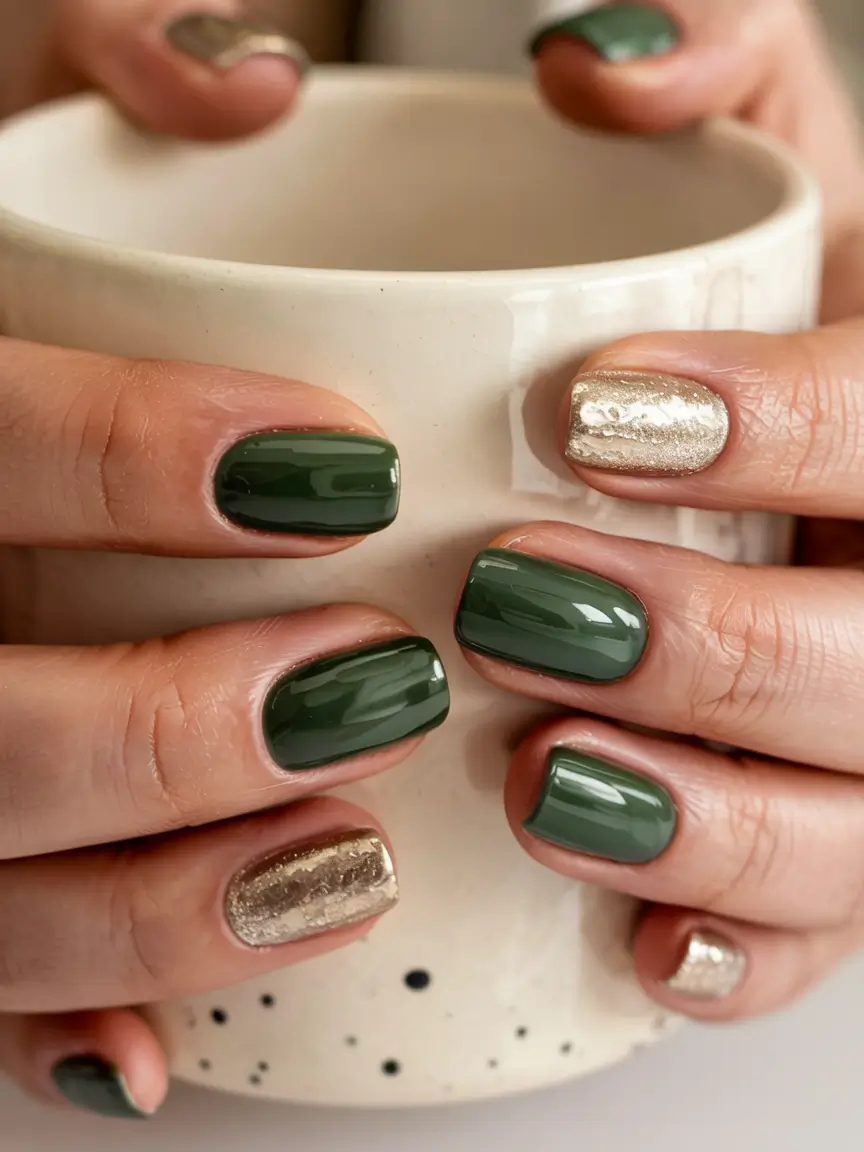 fall green nails 2025 Emerald and Champagne Contrast