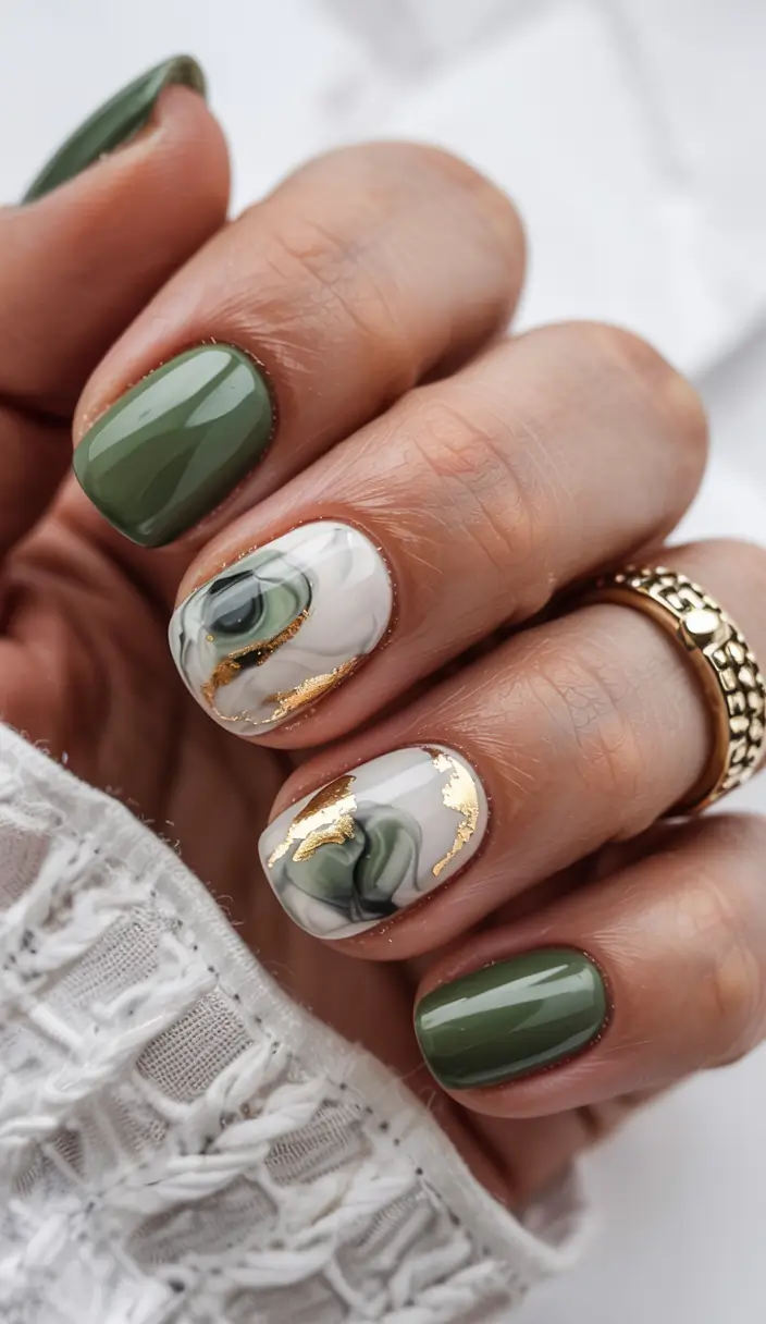 fall green nails 2025 Marbled Gold Accents