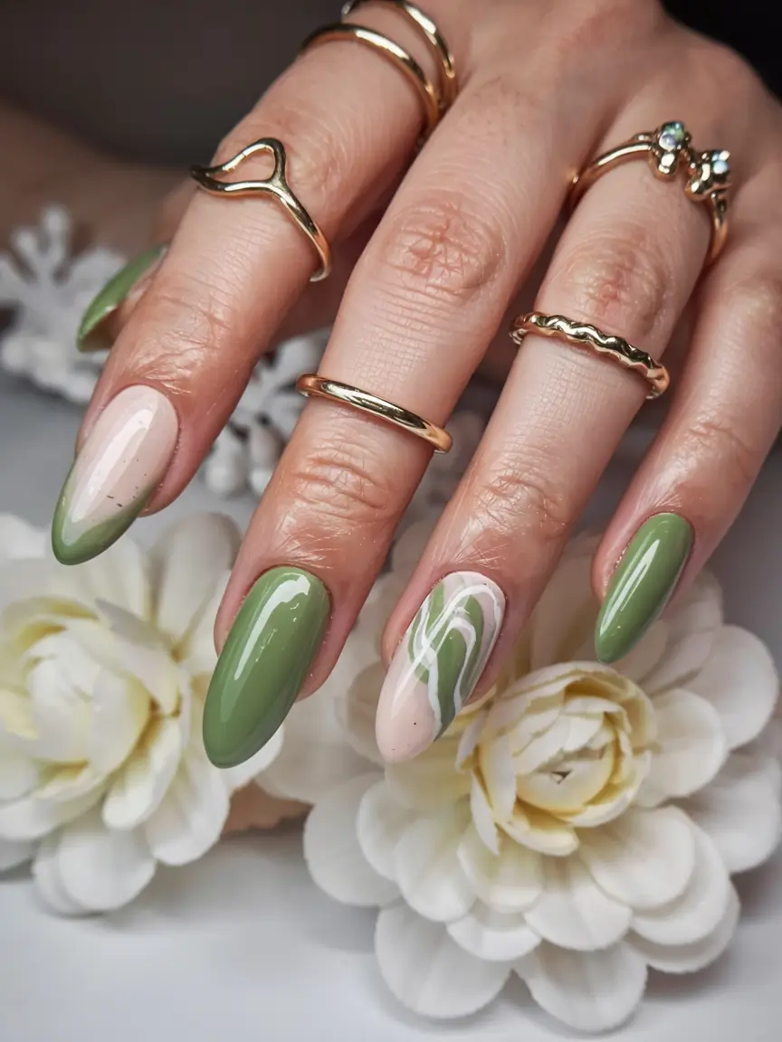 fall green nails 2025 Sage & Nude Harmony