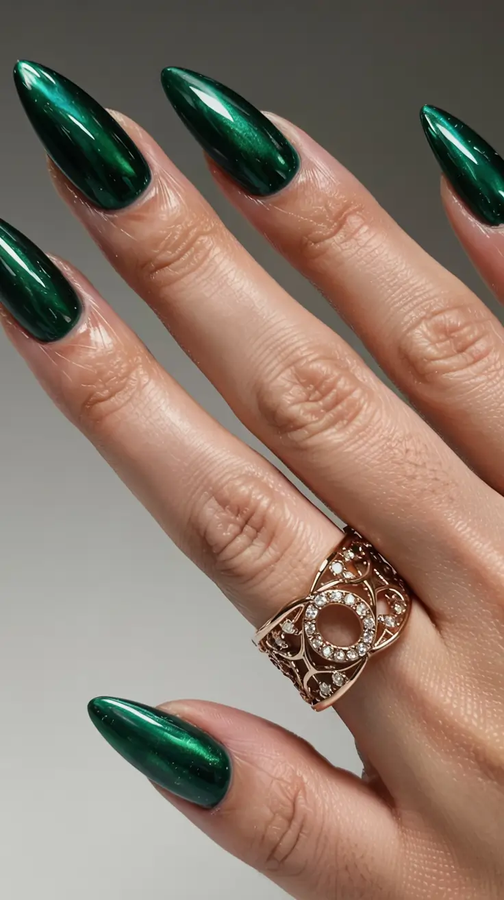 fall green nails 2025 Emerald Mirror Shine