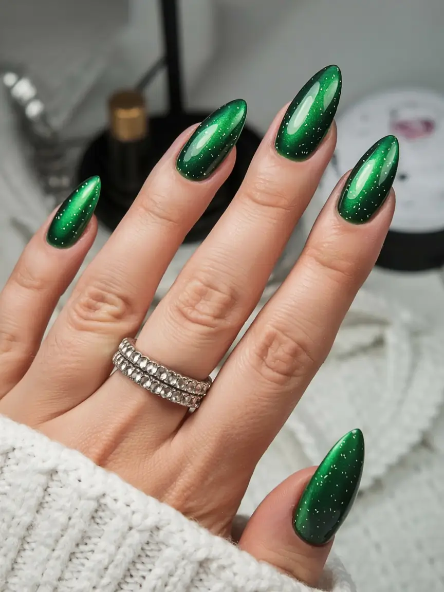 fall green nails 2025 Emerald Galaxy Glow