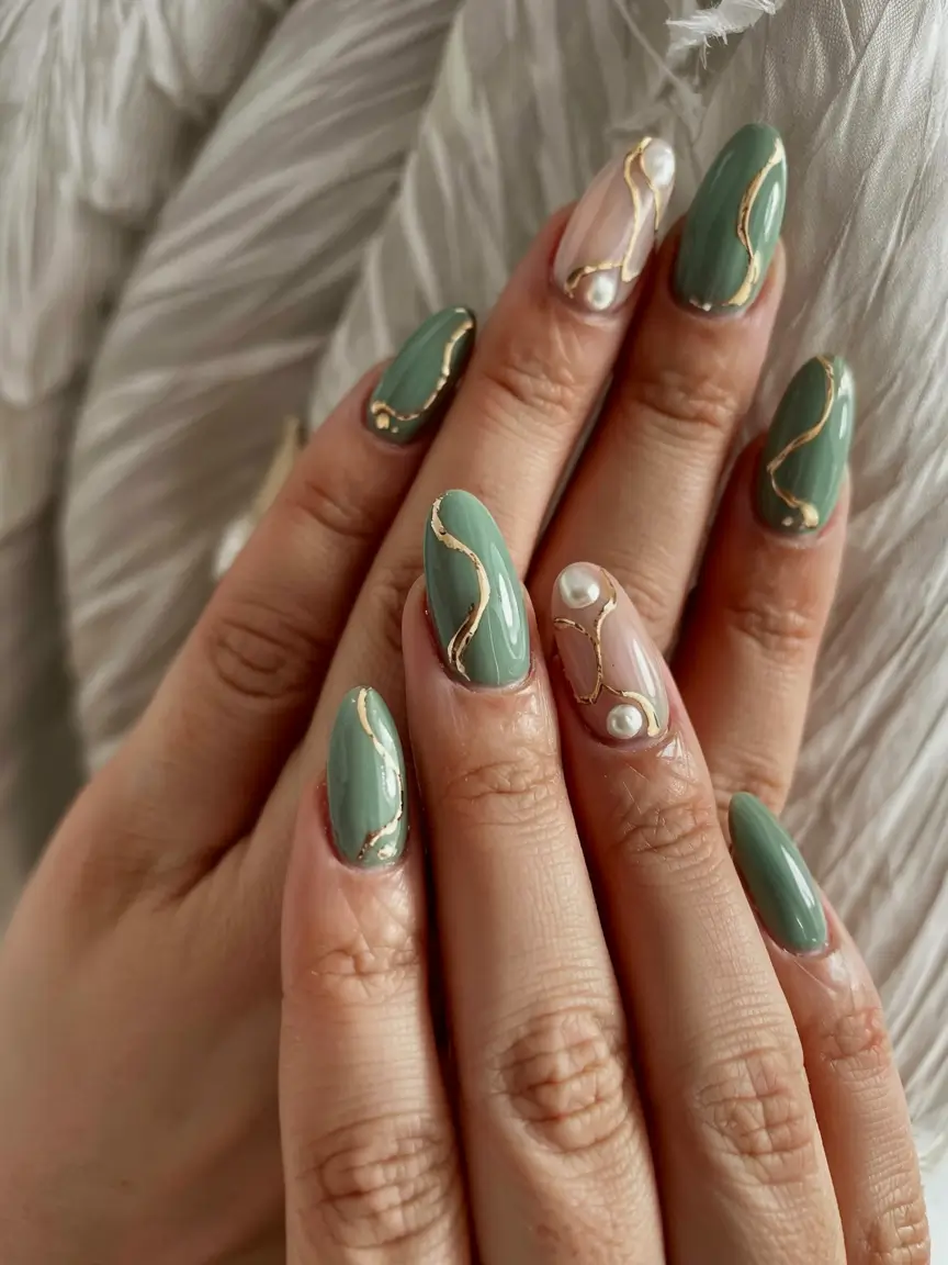 fall green nails 2025 Golden Pearl Accents