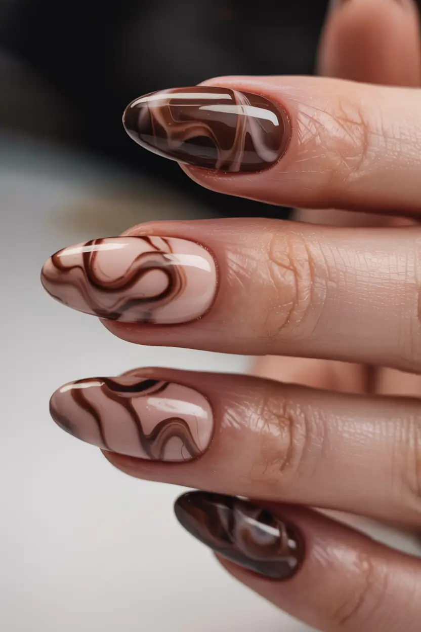fall inspo nails ideas 2025 Mocha Marble Swirls