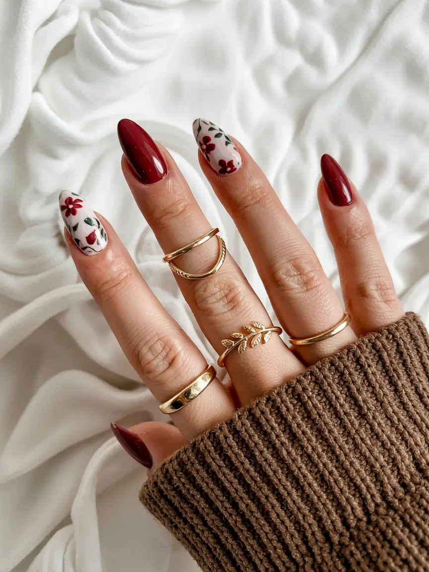 fall inspo nails ideas 2025 Wine Red Blooms