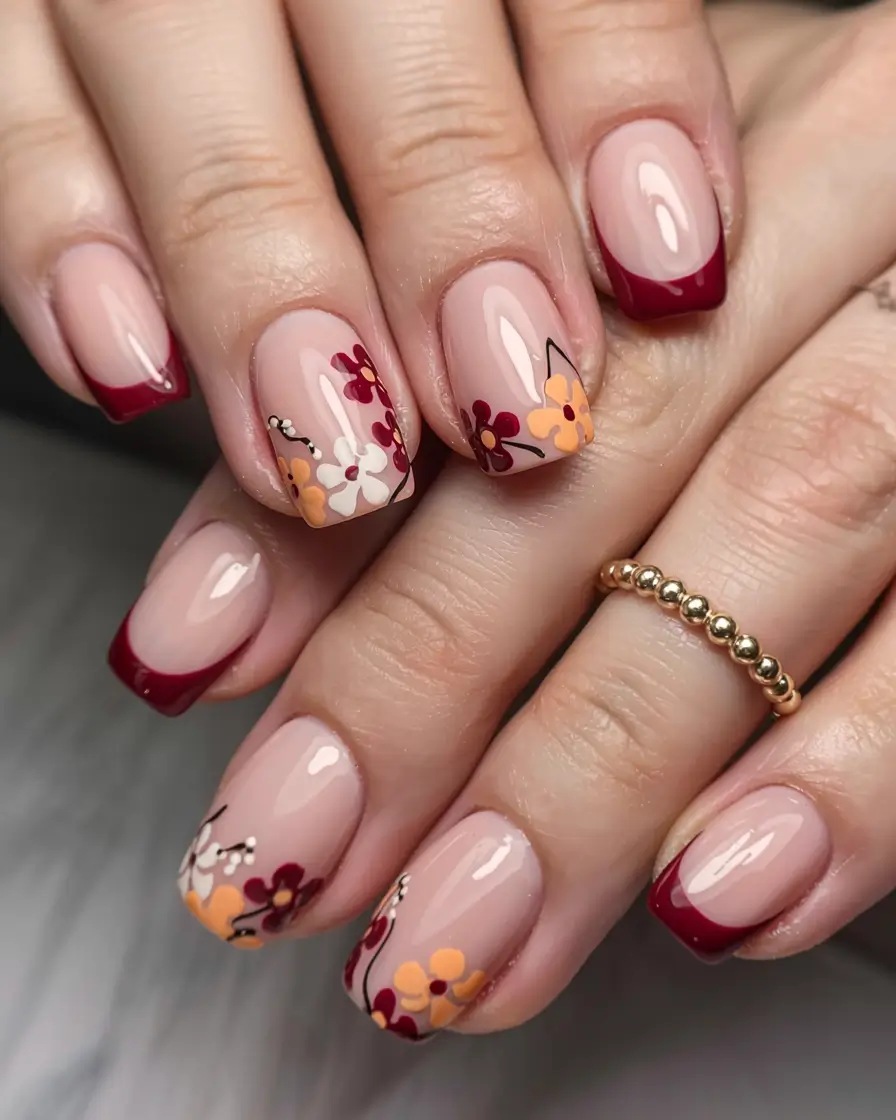 fall inspo nails ideas 2025 Autumn Blossoms on French Tips