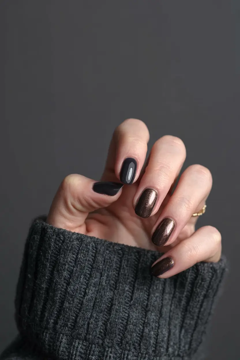 fall inspo nails ideas 2025 Midnight and Mocha Contrast