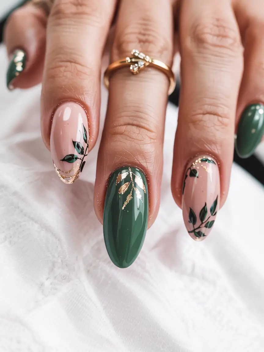 fall inspo nails ideas 2025 Emerald Leaf Accents
