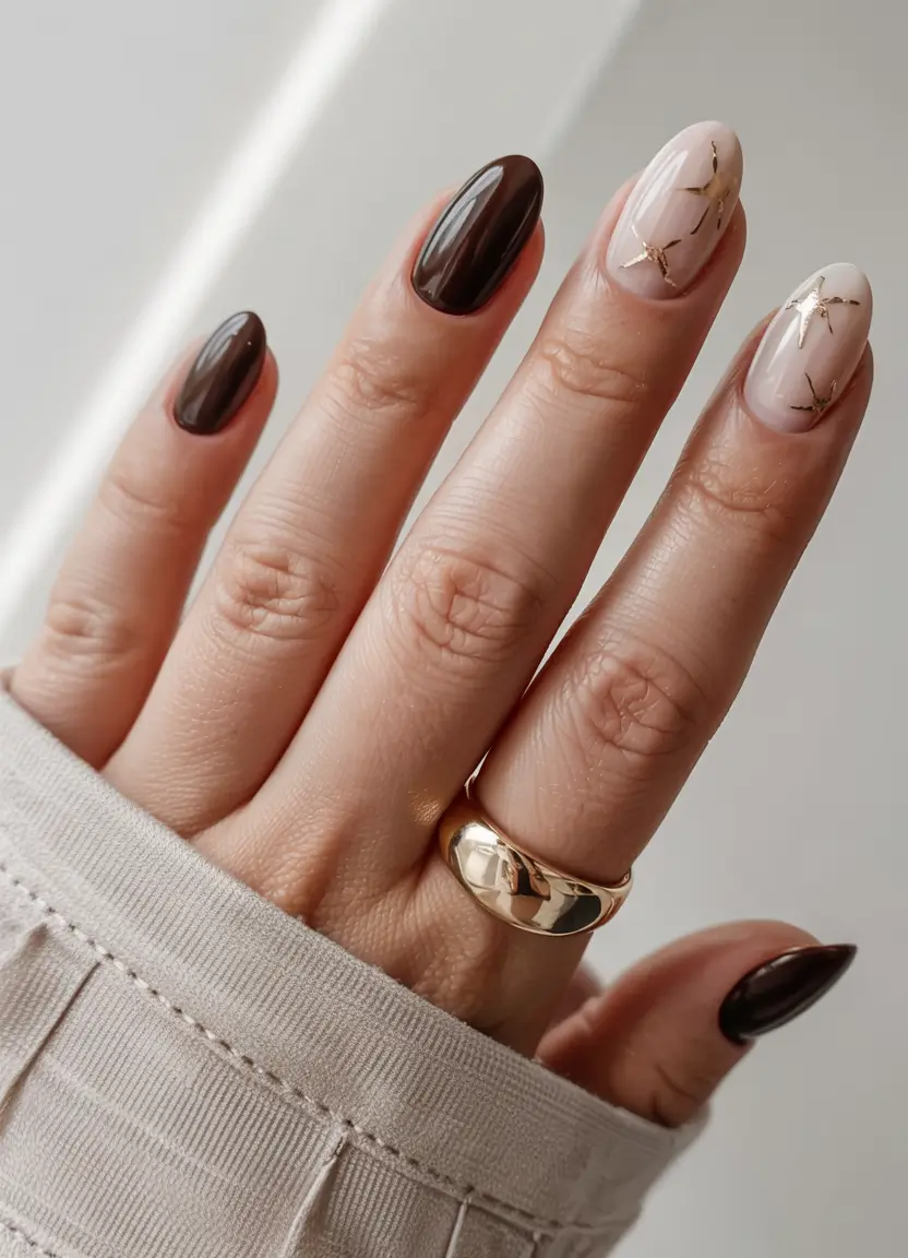 fall inspo nails ideas 2025 Chocolate and Gold Starlight