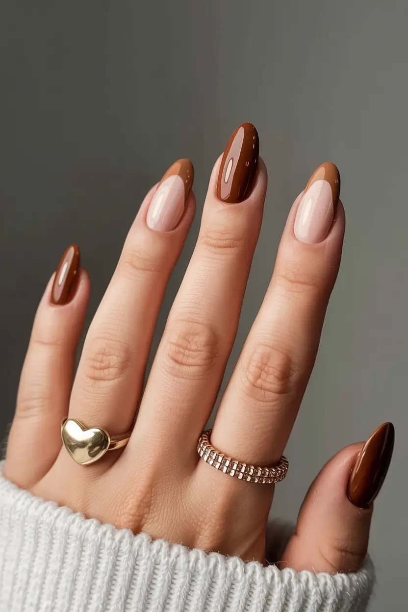 fall inspo nails ideas 2025 Two-Tone Caramel French