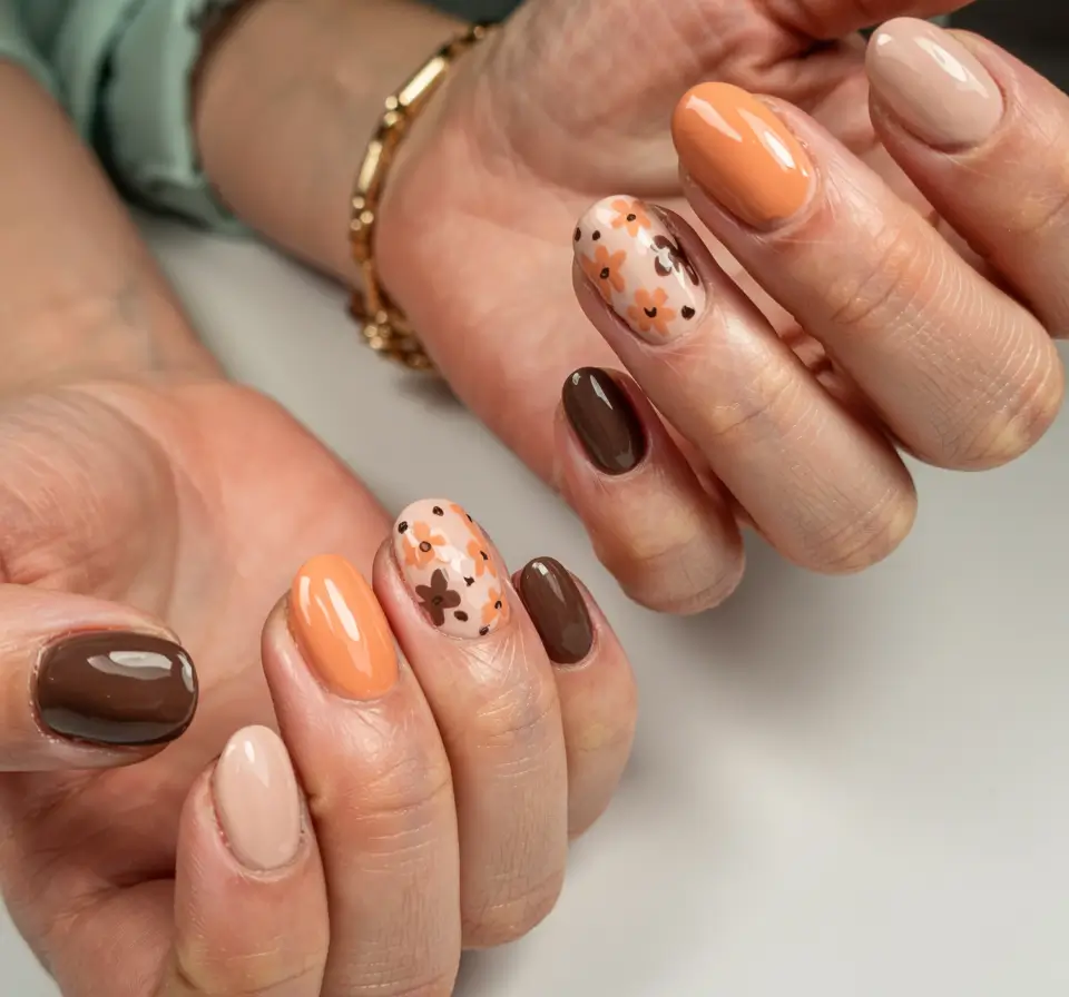 fall manicure 2025 Cozy Mocha & Pumpkin Blooms