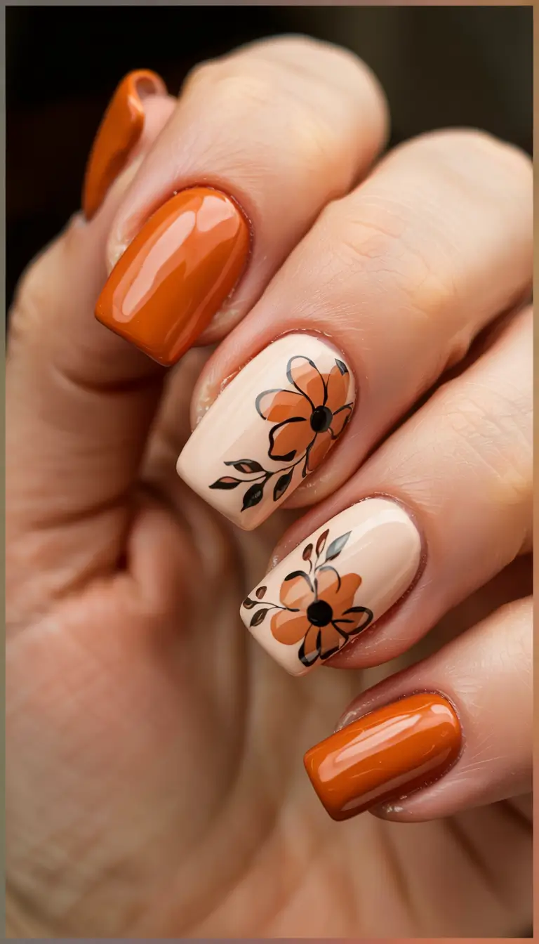 fall manicure 2025 Floral Pumpkin Glow