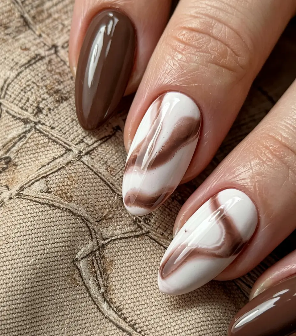 fall manicure 2025 Cappuccino Marble Flow