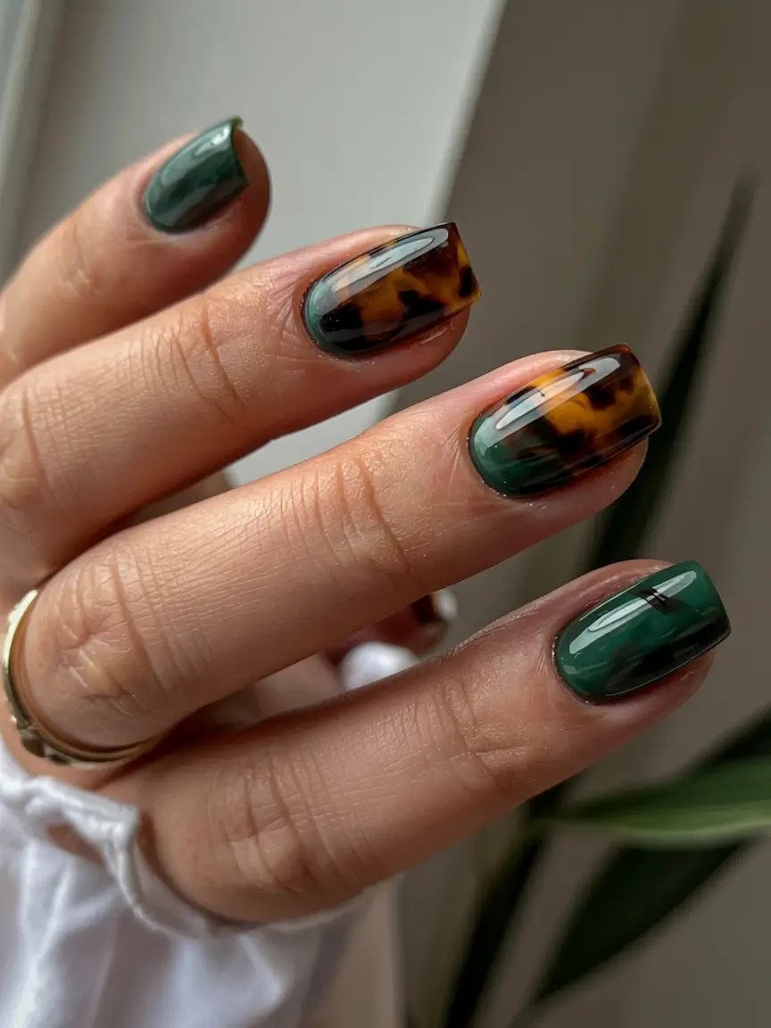 fall manicure 2025 Emerald Meets Tortoiseshell Elegance