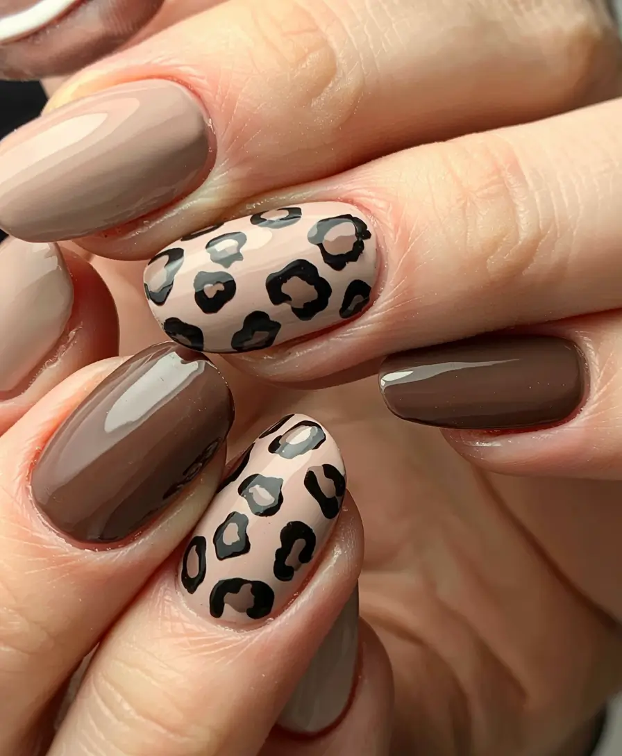 fall manicure 2025 Chic Neutral Leopard Accents