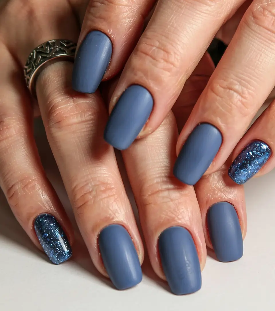 fall matte nails 2025 Blue Velvet with Glitter Accent