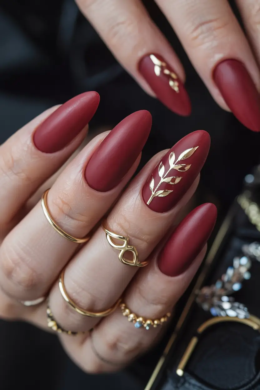 fall matte nails 2025 Crimson with a Golden Whisper