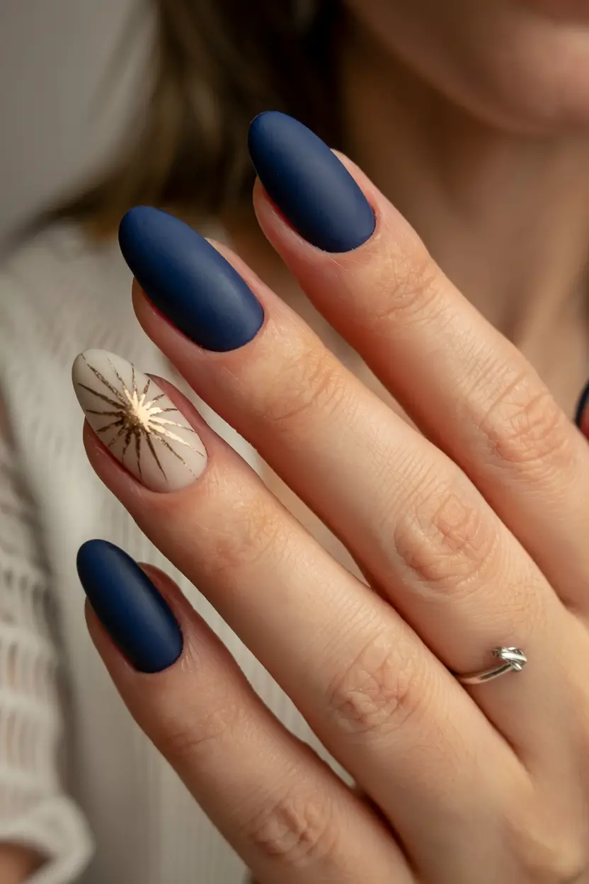 fall matte nails 2025 Midnight Blue with a Starburst