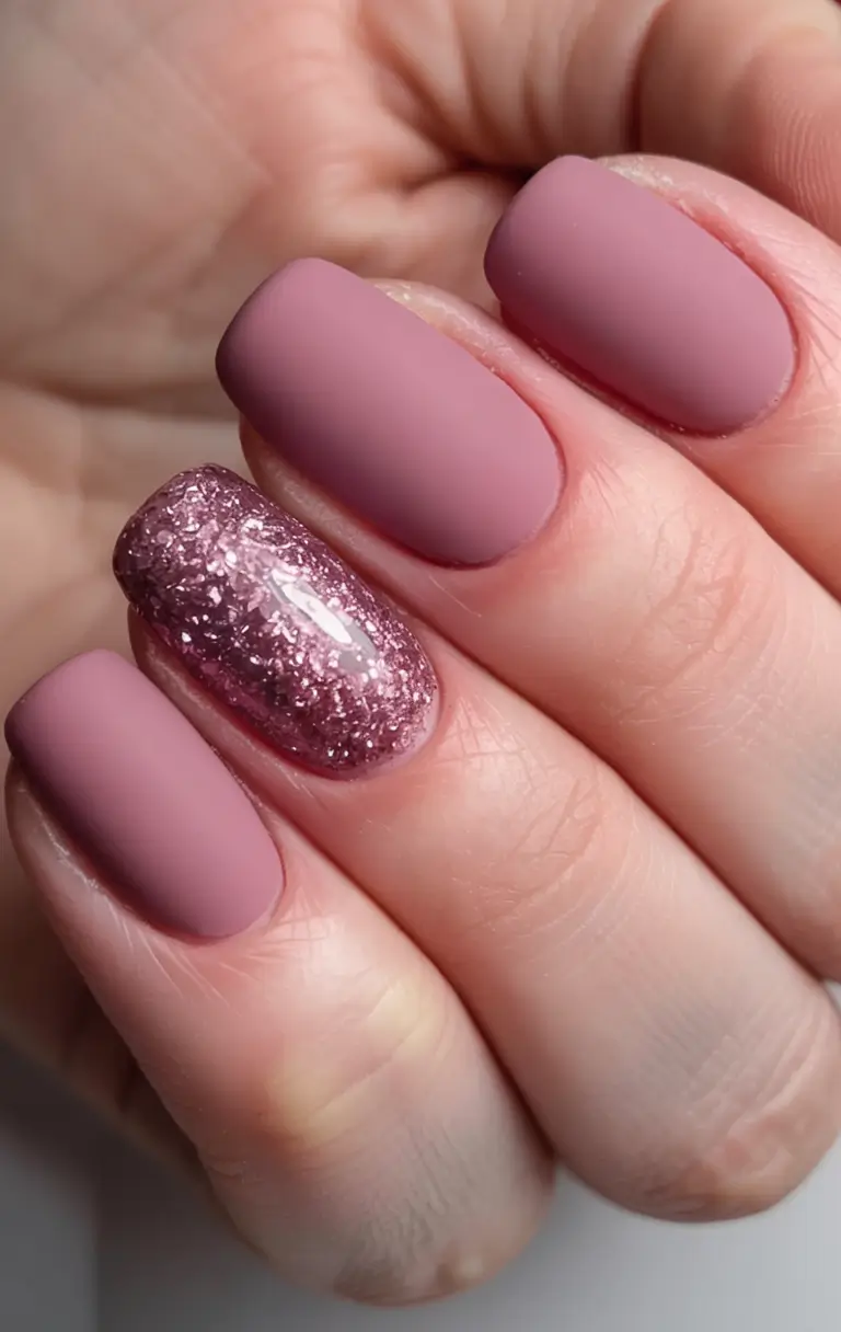 fall matte nails 2025 Matte Mauve with Sparkling Accent