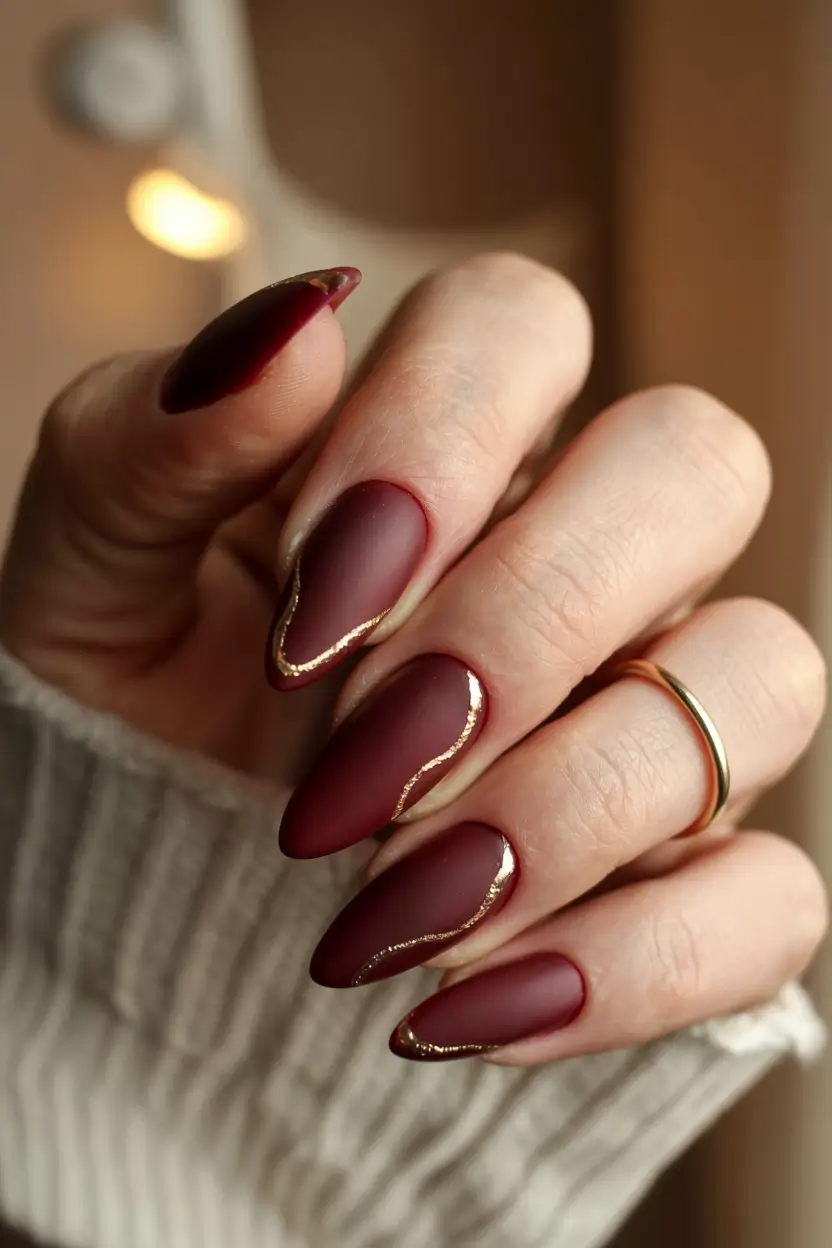 fall matte nails 2025 Wine Tones with Gilded Edge