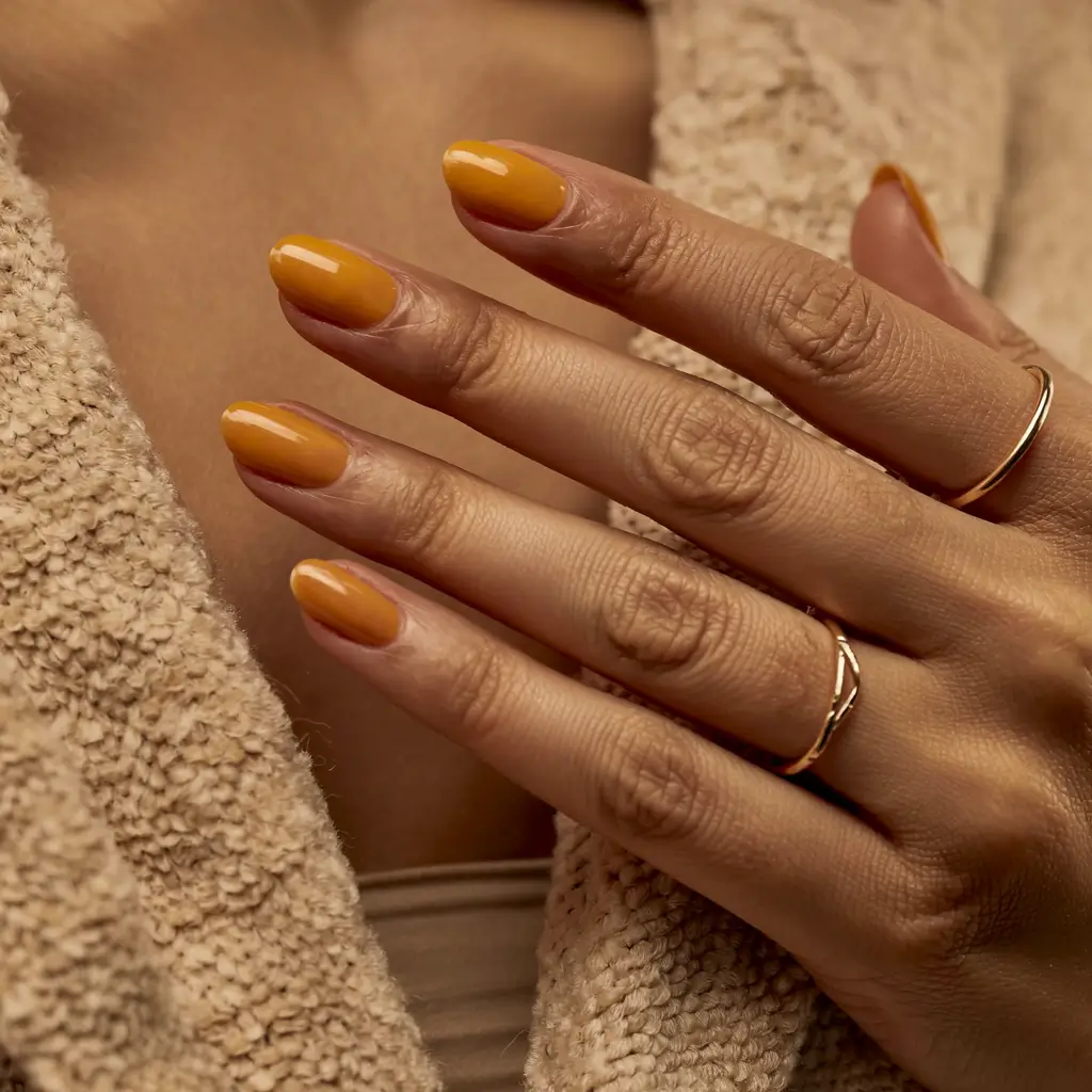 fall nail colors for brown skin 2025 Golden Mustard Glow