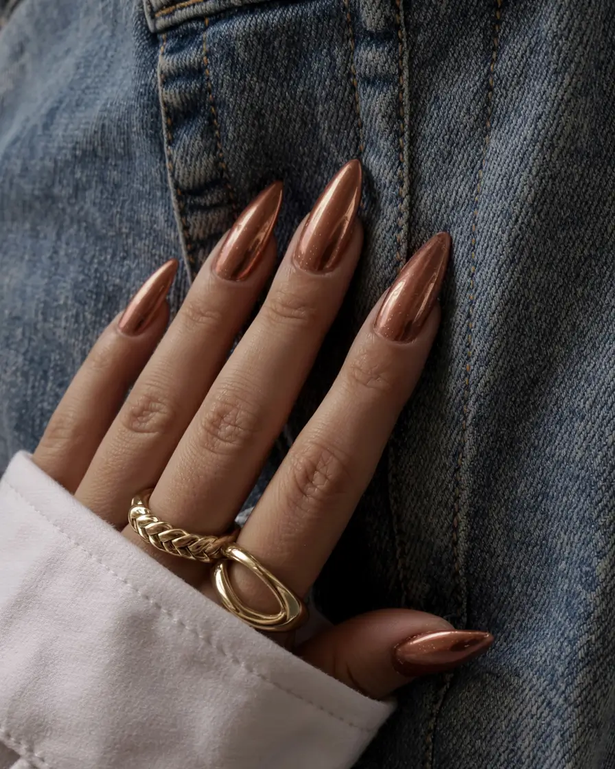 fall nail colors for brown skin 2025 Bronzed Chrome Shine