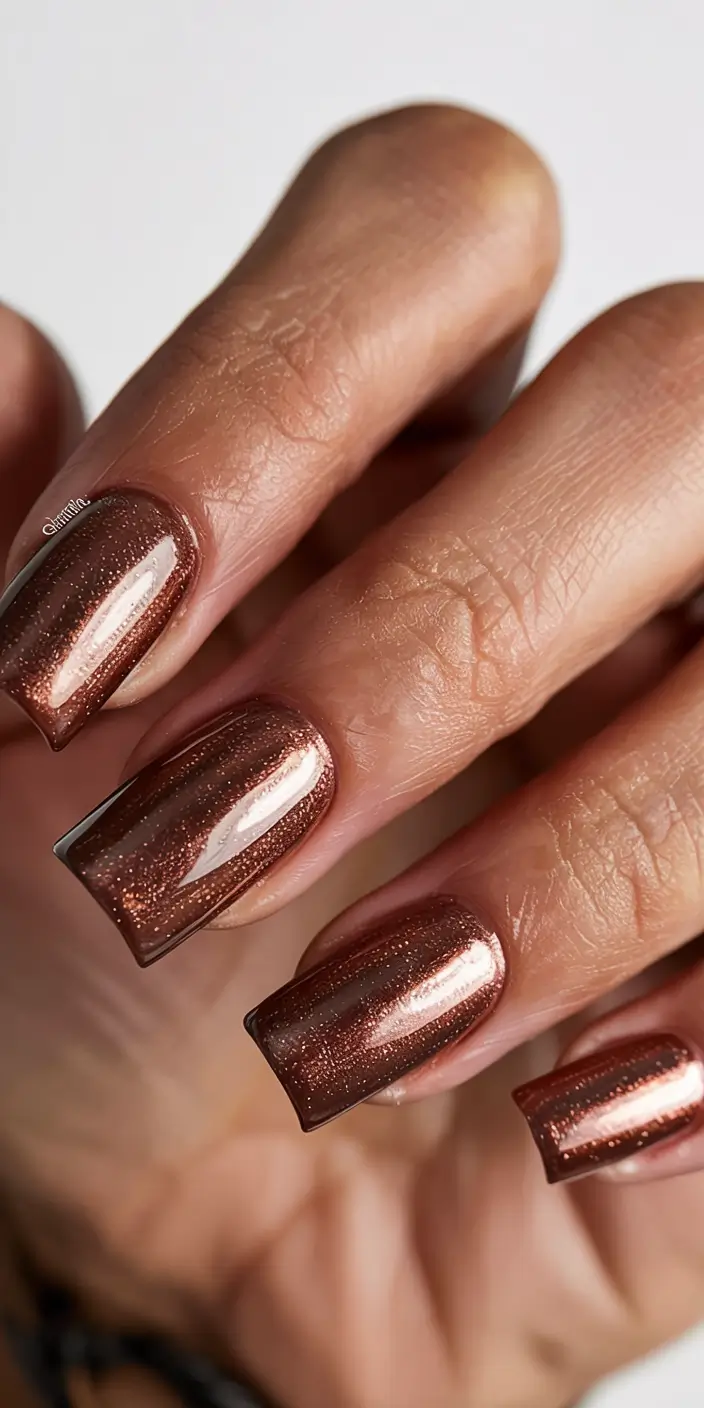 fall nail colors for brown skin 2025 Bronzed Metallic Glow