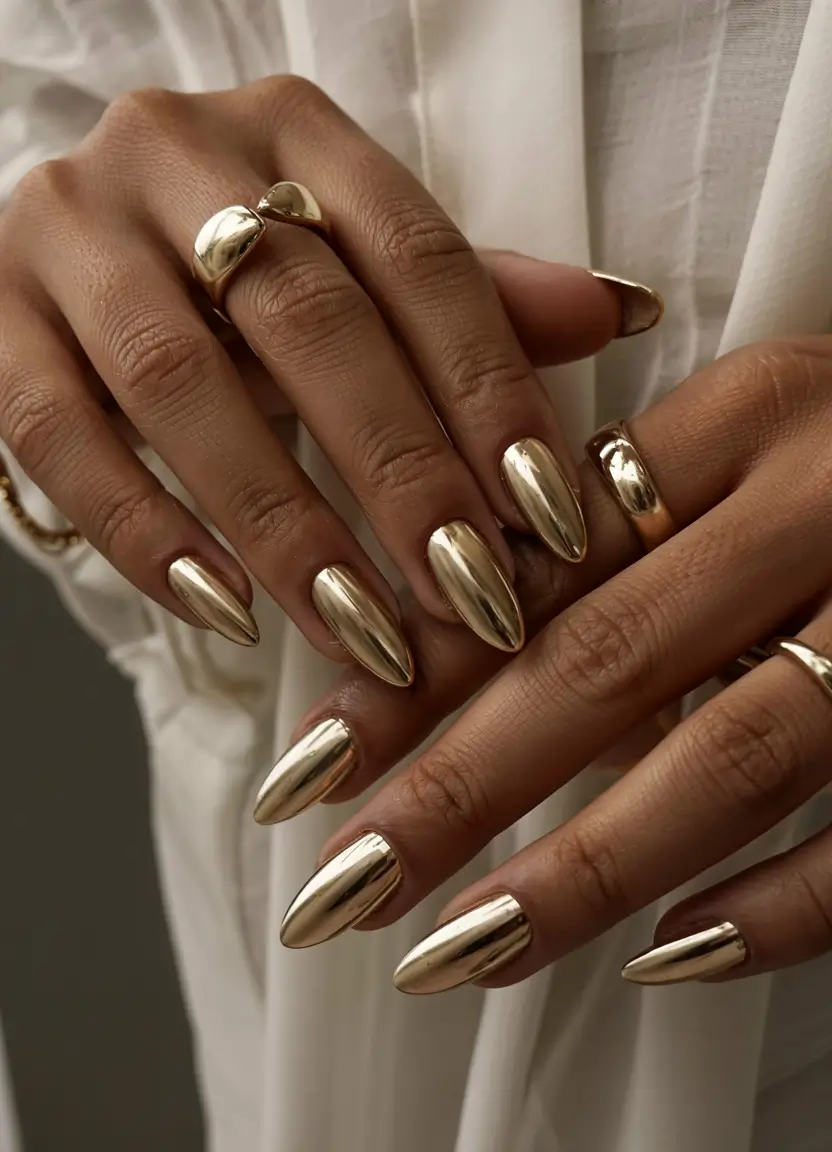 fall nail colors for dark skin 2025 Golden Chrome Elegance