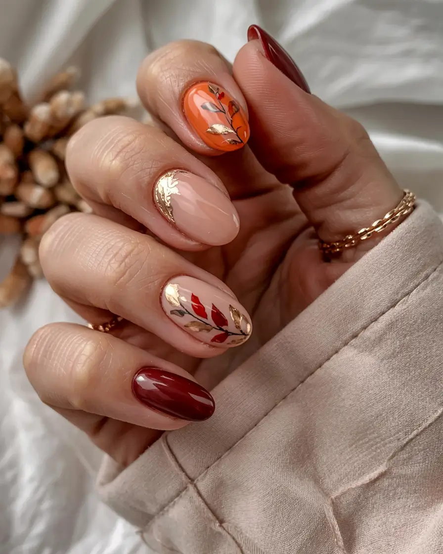 fall nail designs 2025 Mixed Metals and Autumn Leaves